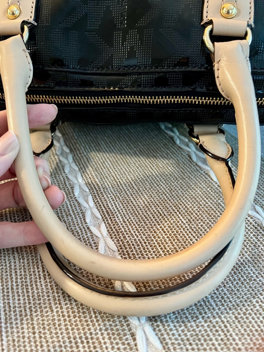 Michael Kors Patent Leather MK Monogram Dome Satchel with Cream Handles - Picture 5 of 12